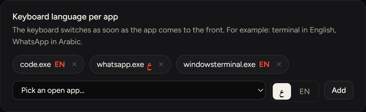 Hess settings: keyboard language per app